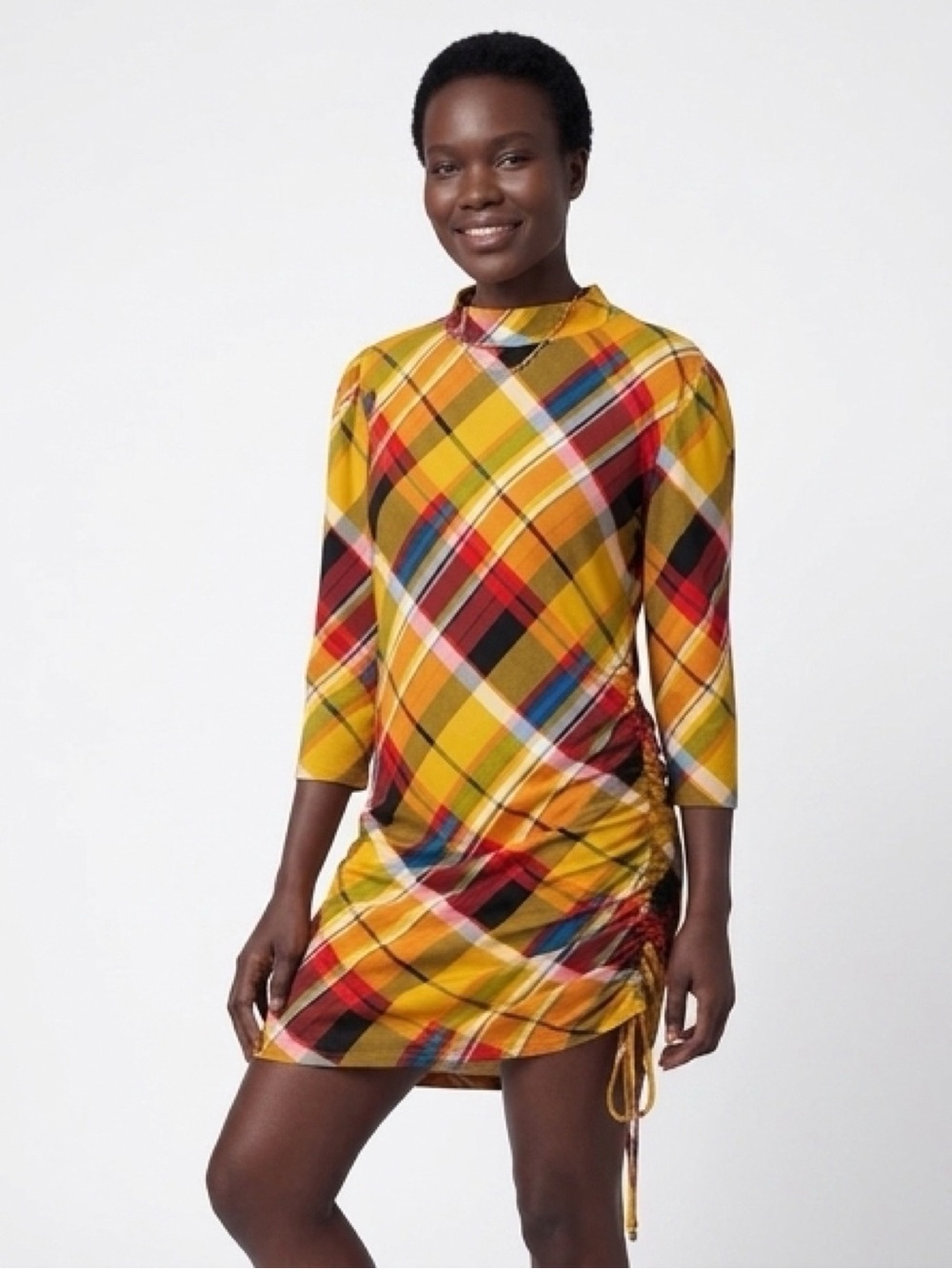 New York & Company Yellow Plaid Ruched Mock Neck Mini Dress